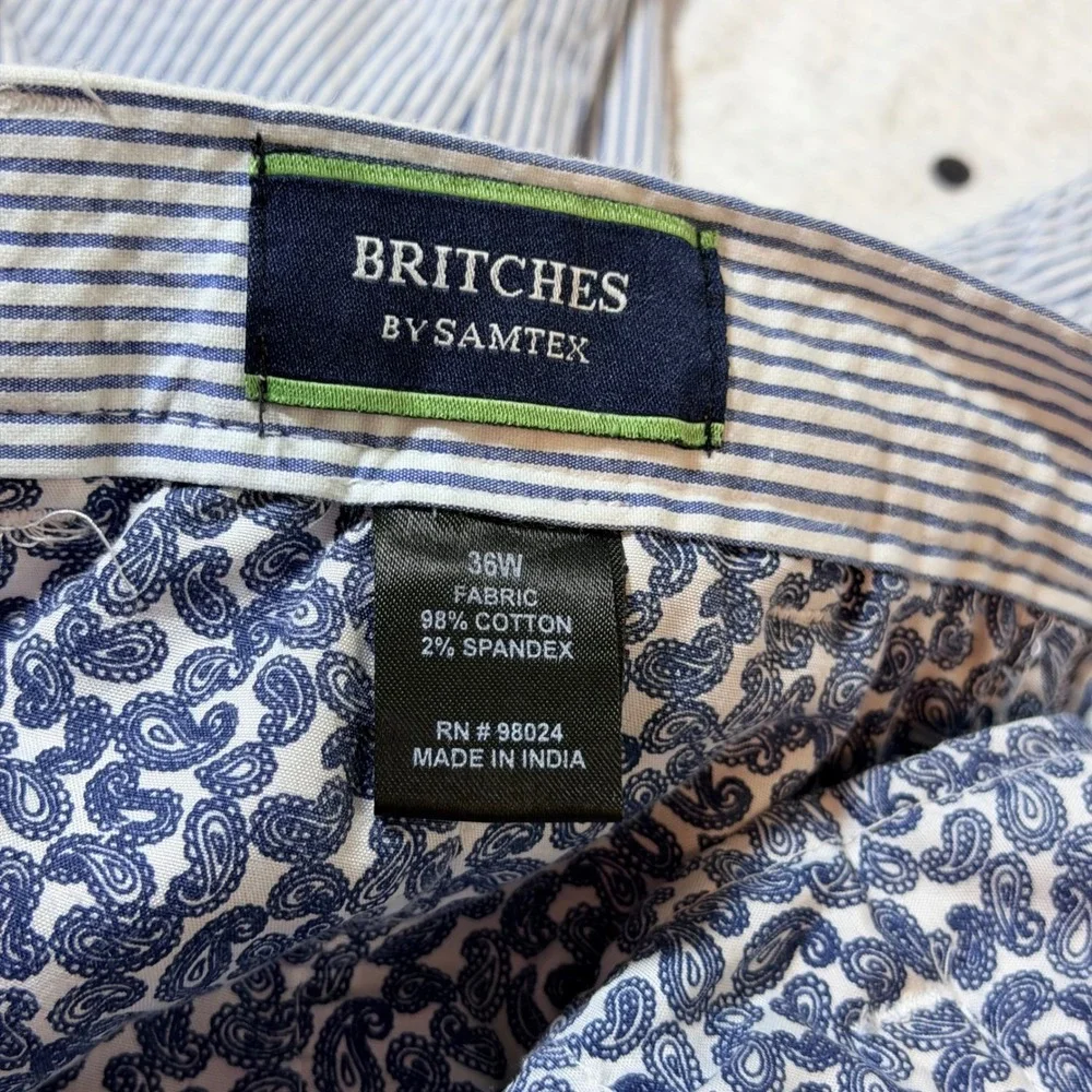 Britches by Samtex Mens 36W Blue White‎ Striped Seersucker Shorts Cotton Stretch